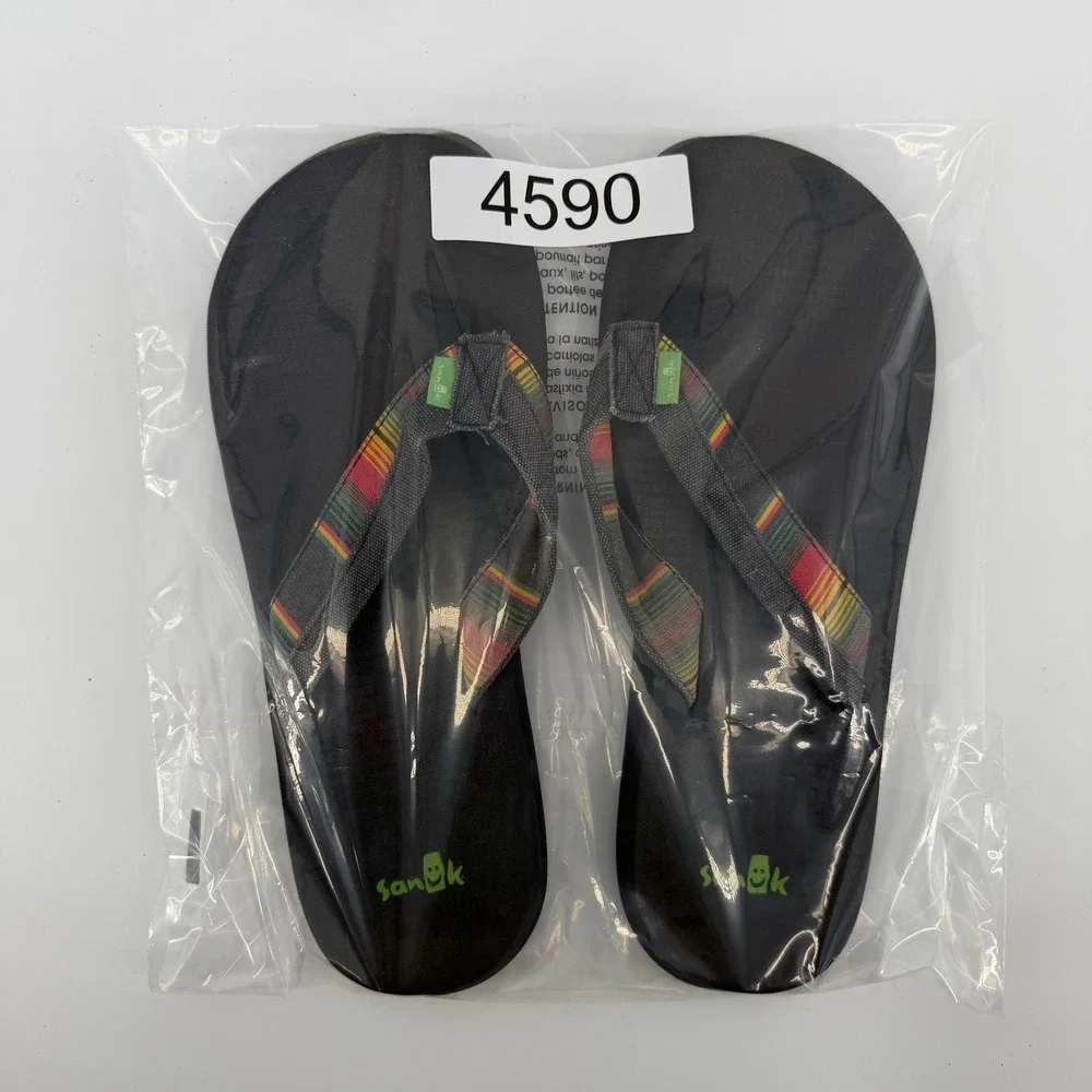 Sanuk Flip Flops Mens 11 Black Multi Striped Yoga Mat Sandals Surfer Boho Hippy